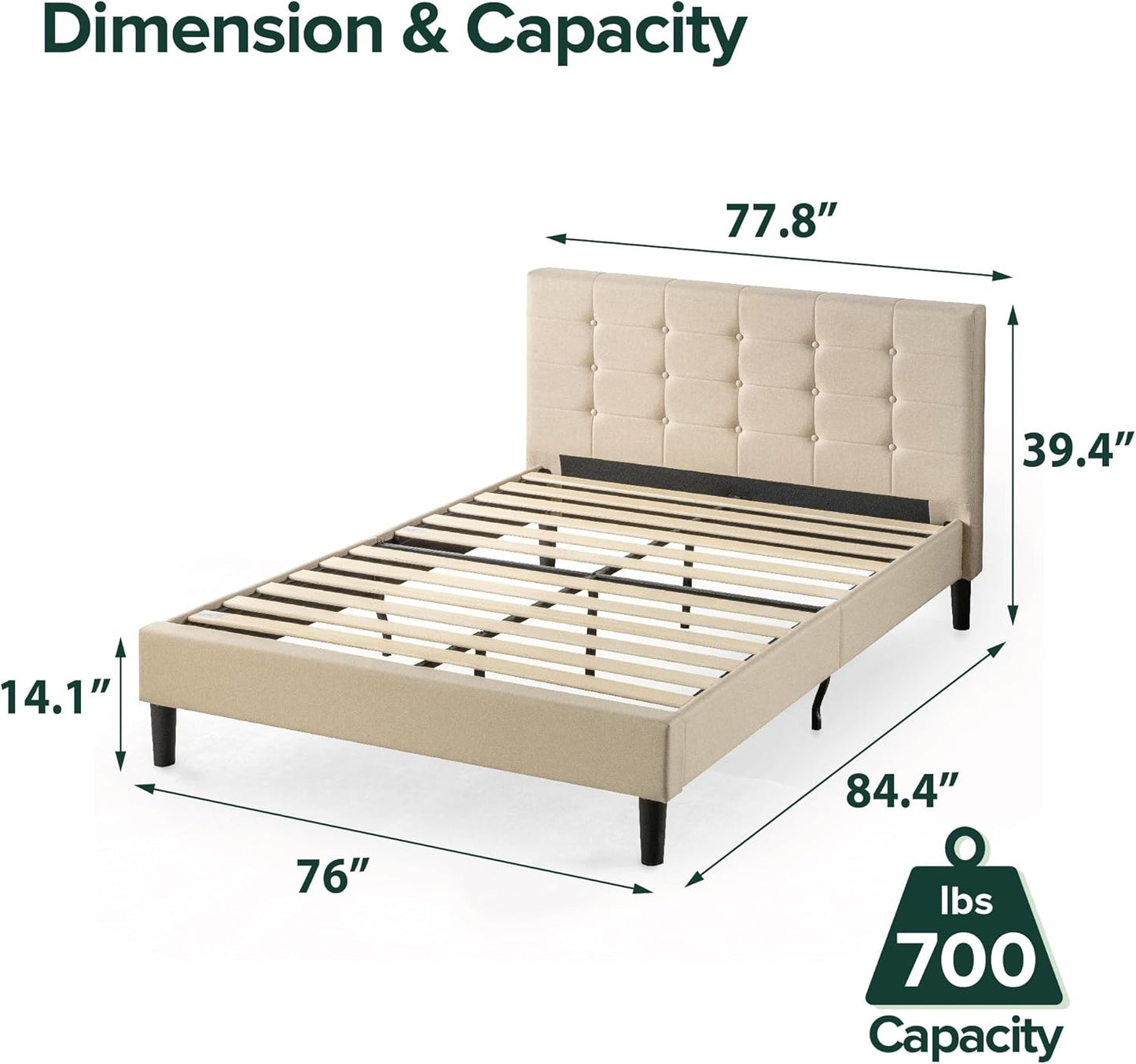 ZINUS Ibidun Upholstered Platform Bed Frame, Mattress Foundation, Wood Slat Support, No Box Spring Needed, Easy Assembly, King, Beige