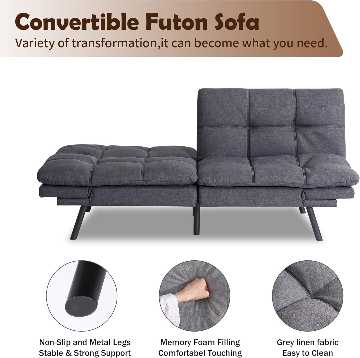 Futon Sofa Bed, Grey Linen Memory Foam Futon Sleeper Sofa Loveseat Convertible Couch Bed for Small Compact Living Spaces,Apartment