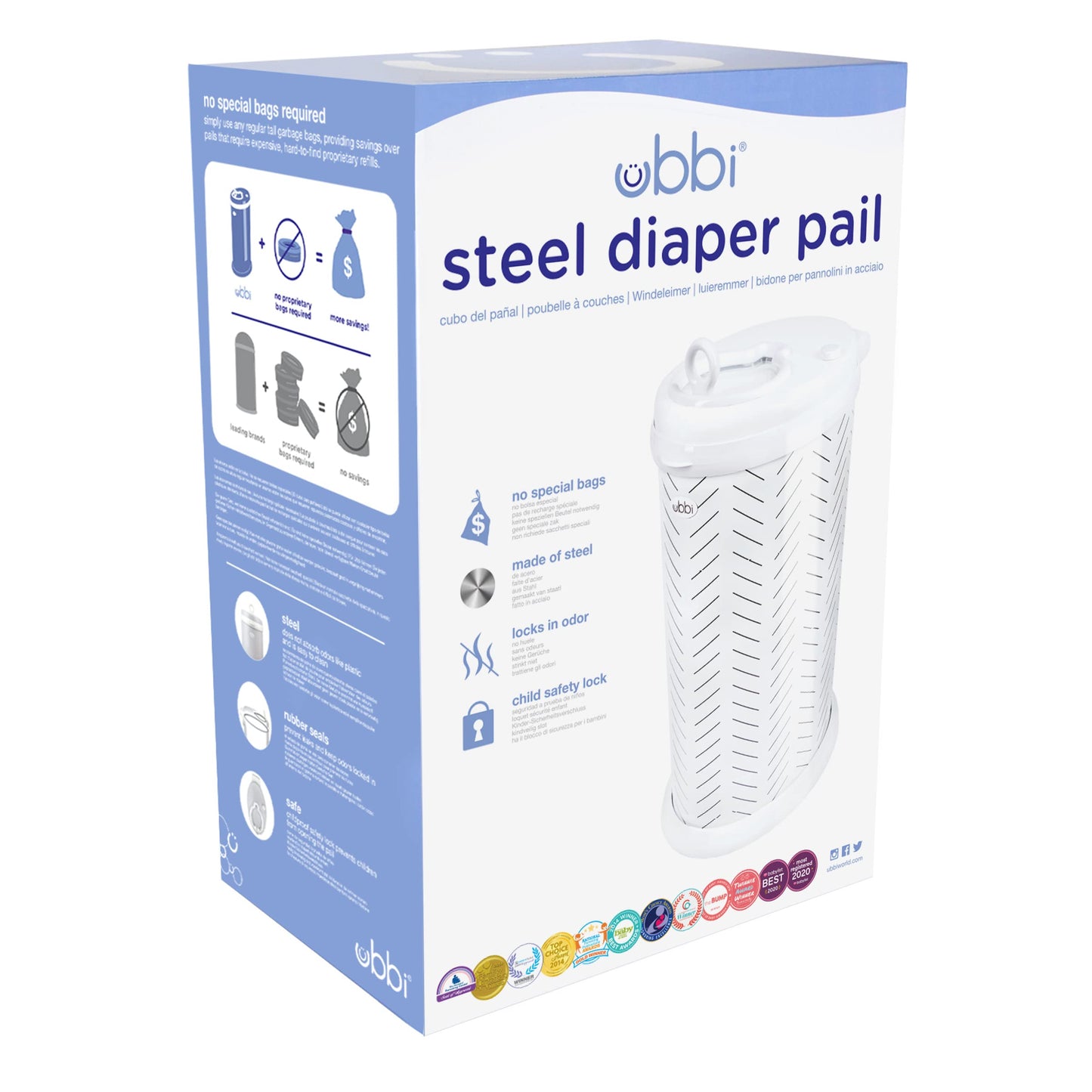 Ubbi Steel Diaper Pail, Odor Locking, No Special Bag Required, Award-Winning, Registry Must-Have, White