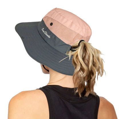 Women's Outdoor UV-Protection-Foldable Sun-Hats Mesh Wide-Brim Beach Fishing Hat with Ponytail-Hole