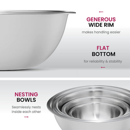 FineDine Stainless Steel Mixing Bowls Set for Kitchen, Dishwasher Safe Nesting Bowls for Cooking, Baking, Meal Prepping