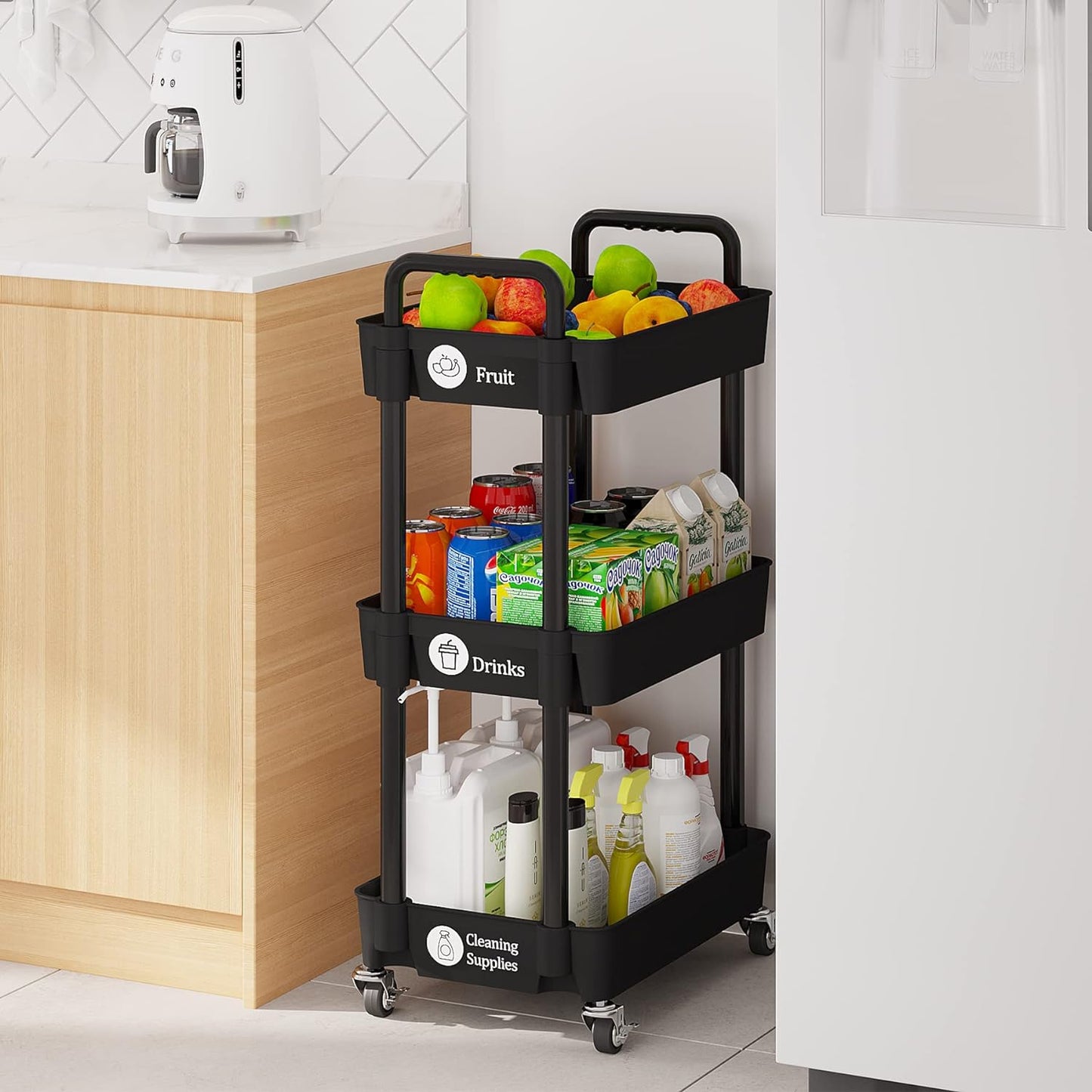 Laiensia 3-Tier Kitchen Storage Cart,Multifunction Utility Rolling Storage Organizer,Mobile Shelving Unit Cart with Lockable Wheels for Bathroom,Laundry,Living Room,With Classified Stickers,Black