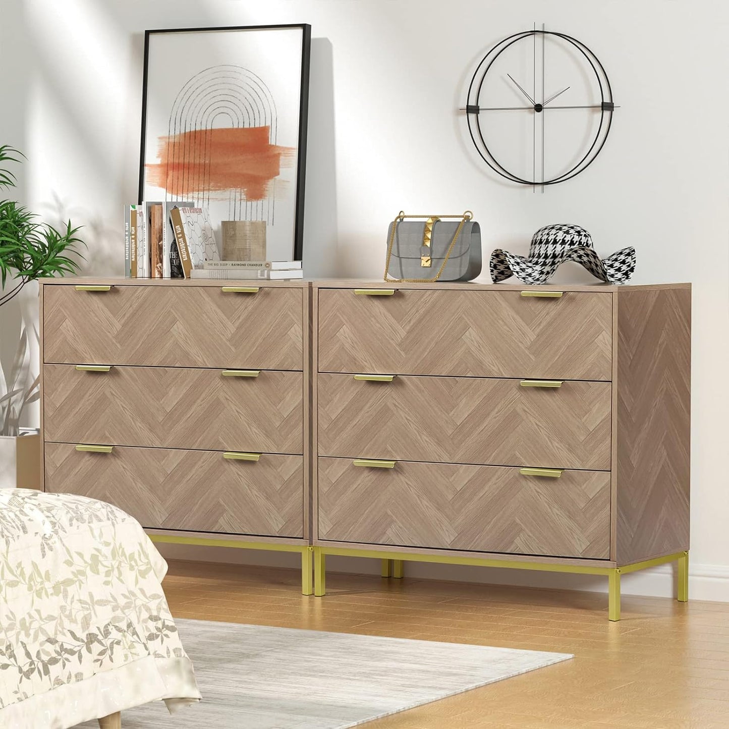 Anmytek Modern 3 Drawer Chest Dresser, Mid Century Natural Oak Organizer Bedroom Furniture with Gold Metal Legs H0037