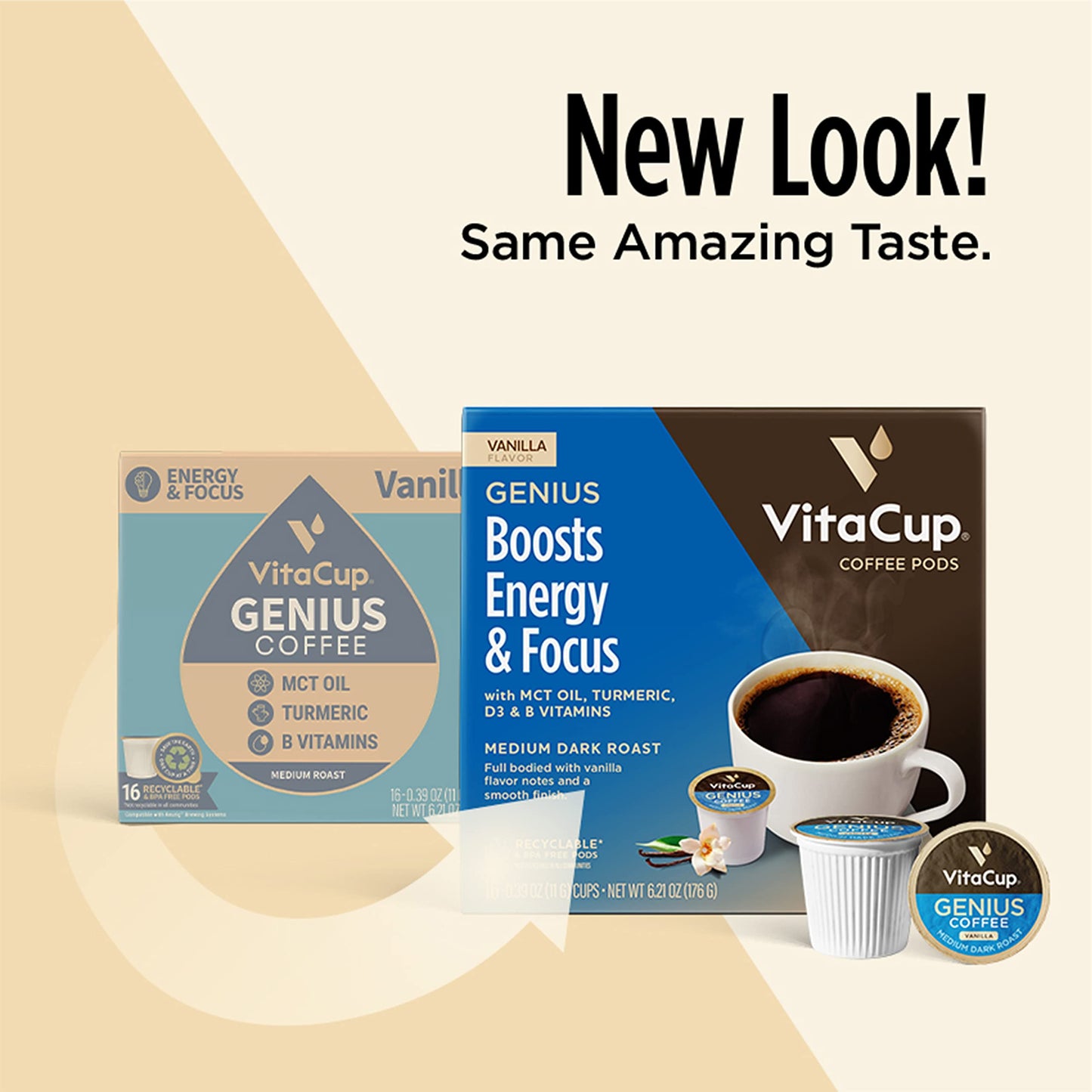 VitaCup Mushroom Coffee Pods - Boost Focus & Immunity with Lions Mane, Chaga, Vitamins, for Memory & Clarity, Recyclable K-Cup Pods, 16 Ct