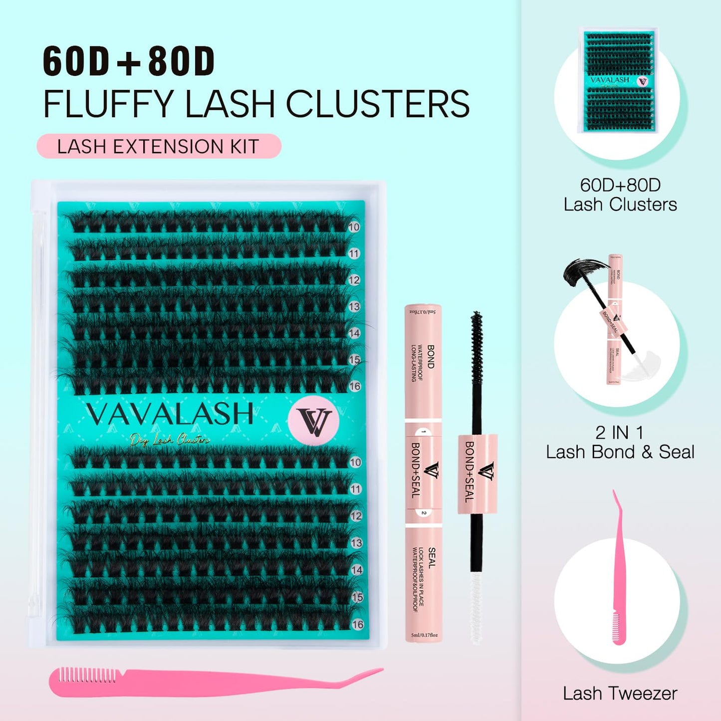 VAVALASH DIY Lash Extension Kit 280 Clusters Individual Lashes Kit 30D 40D 0.07D-10-16mm Lash Clusters, Lash Bond and Seal, Lash Tweezer for DIY Eyelash Extension at Home（Kit-30D+40D-0.07D-10-16MIX）