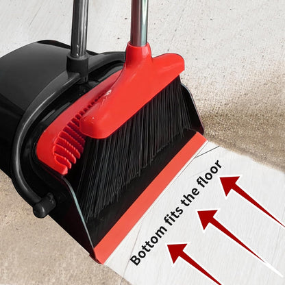 Broom with Dustpan Combo Set 54" Long Handle Adjustable Length Stainless Steel Broomstick Standing Dust Pan and Broom Set for Office Home Kitchen Lobby Floor Cleaning (Red and Black)