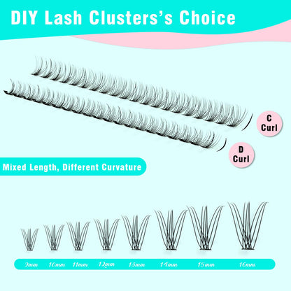 VAVALASH DIY Lash Extension Kit 280 Clusters Individual Lashes Kit 30D 40D 0.07D-10-16mm Lash Clusters, Lash Bond and Seal, Lash Tweezer for DIY Eyelash Extension at Home（Kit-30D+40D-0.07D-10-16MIX）