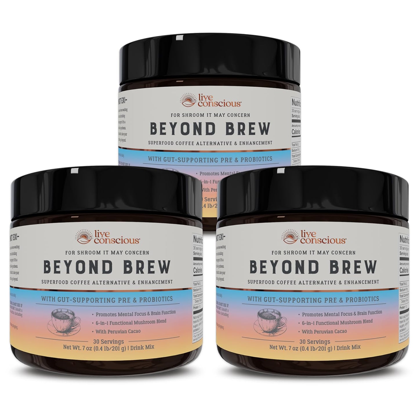 Beyond Brew Mushroom Superfood Coffee | Mushroom Coffee Alternative Low Caffeine | Healthy Coffee Substitute | W/ Prebiotics & Probiotics | By Live Conscious | 30 Servings