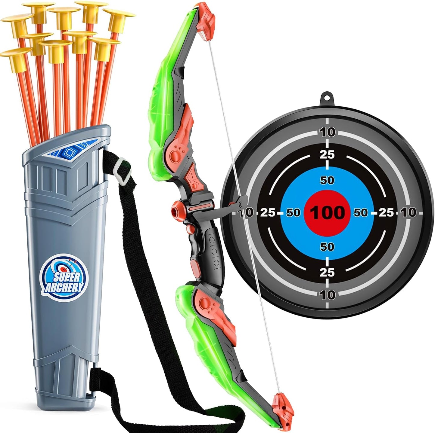 TEMI Kids Bow and Arrow Set - LED Light Up Archery Toy Set with 10 Suction Cup Arrows, Target & Quiver, Indoor and Outdoor Toys for Children Boys Girls