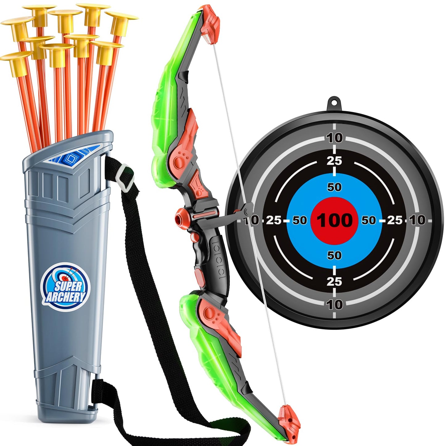 TEMI Kids Bow and Arrow Set - LED Light Up Archery Toy Set with 10 Suction Cup Arrows, Target & Quiver, Indoor and Outdoor Toys for Children Boys Girls