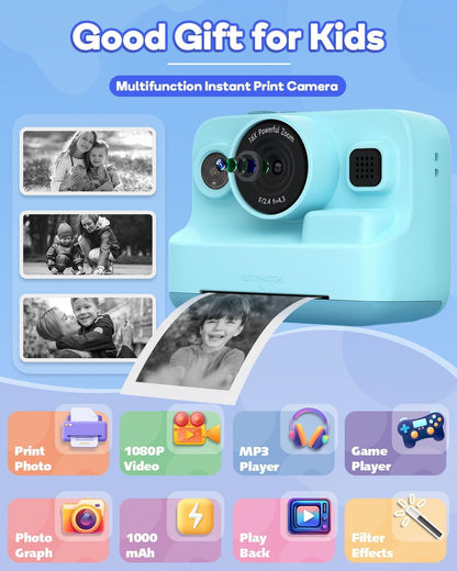 Dylanto Kids Camera Instant Print,1080P Kids Instant Cameras That Print Photos,Christmas Birthday Gifts for Girls Age 3-12,Portable Toy for 3 4 5 6 7 8 9 10 Year Old Girls Boys-Blue