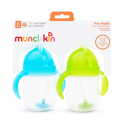 Munchkin® Any Angle™ Weighted Straw Trainer Sippy Cup with Click Lock™ Spill Proof Lid, 7 Ounce, 2 Pack, Blue/Green