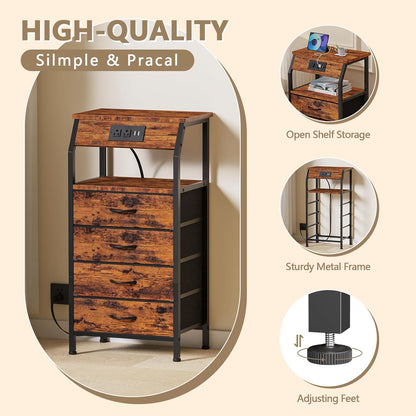 Furnulem Tall Night Stand with Charging Station, Small Dresser with 4 Fabric Drawers, 33 Inch Bedside Table, Storage Tower for Closet, Entryway, Dorm, Bedroom Furniture, 3 Ways to Use, Rustic Brown