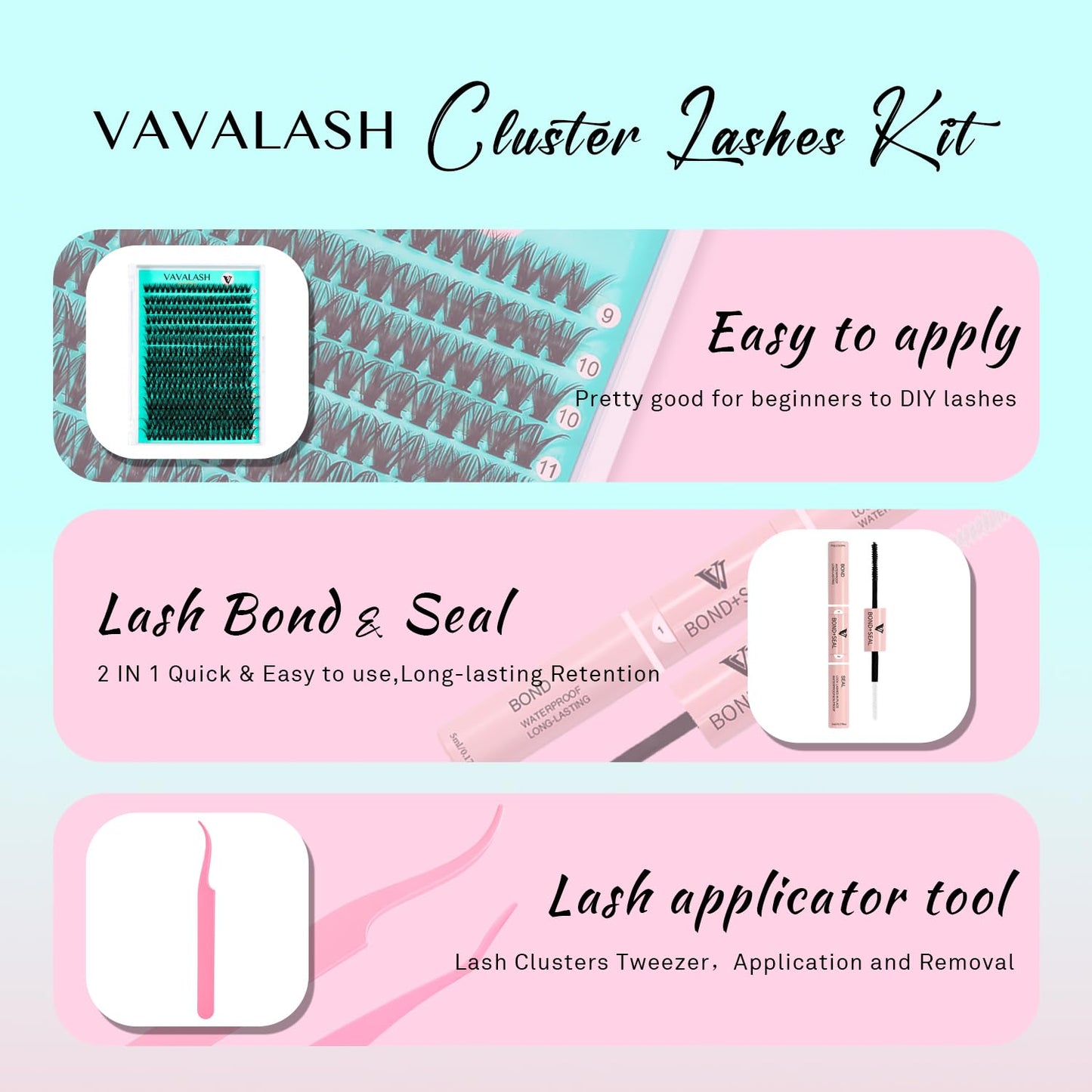 VAVALASH DIY Lash Extension Kit 280 Clusters Individual Lashes Kit 30D 40D 0.07D-10-16mm Lash Clusters, Lash Bond and Seal, Lash Tweezer for DIY Eyelash Extension at Home（Kit-30D+40D-0.07D-10-16MIX）