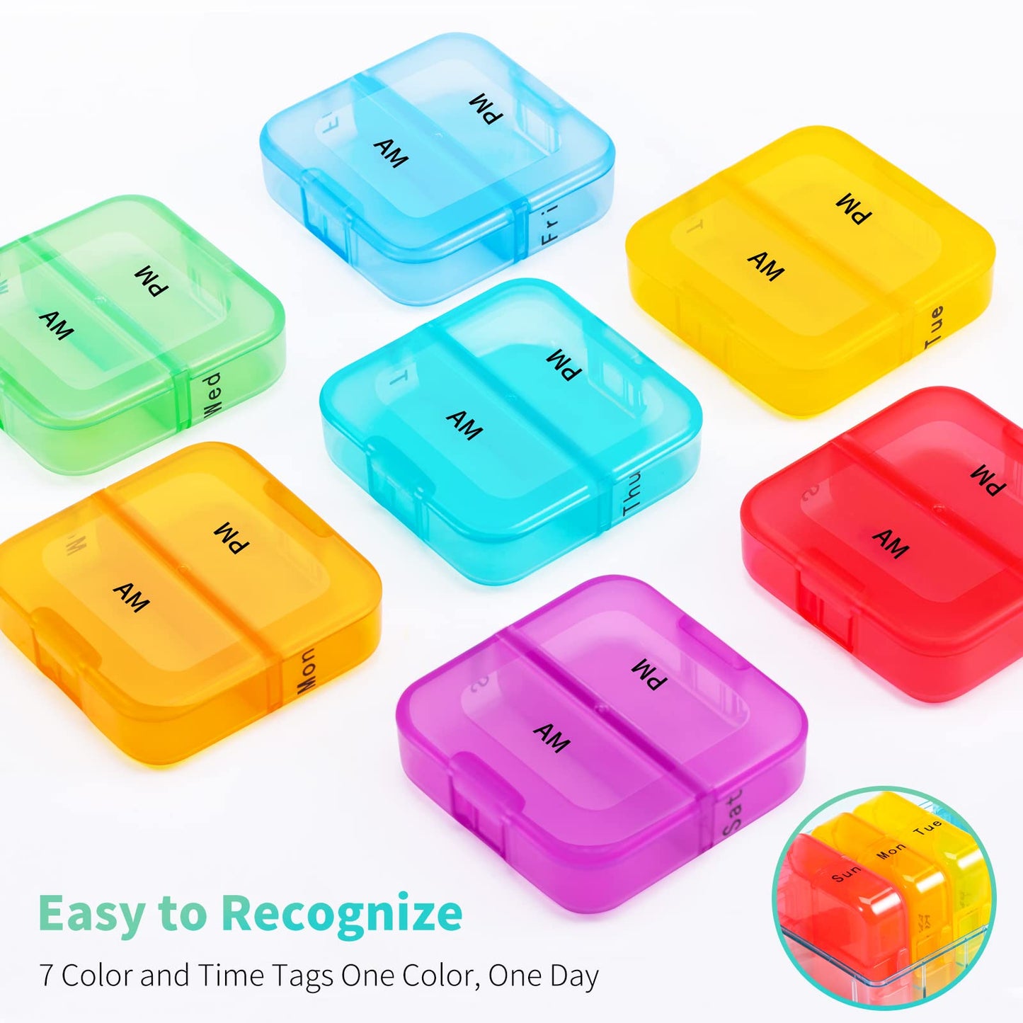 Zoksi Weekly Pill Organizer 2 Times a Day, Rainbow 7 Day Pill Box, Daily Am Pm Pill Organizer, Portable Case for Fish Oils, Vitamin, Supplement