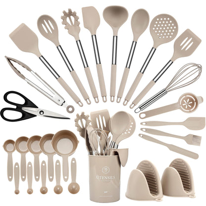 Kitchen Utensils Set, Hvygss Silicone Cooking Utensils Set, Stainless Steel Handle Silicone Spatula Set with Silicone Whisk, Tongs, Ladle, Scissors, Measuring Cups and Spoons Set (Khaki)