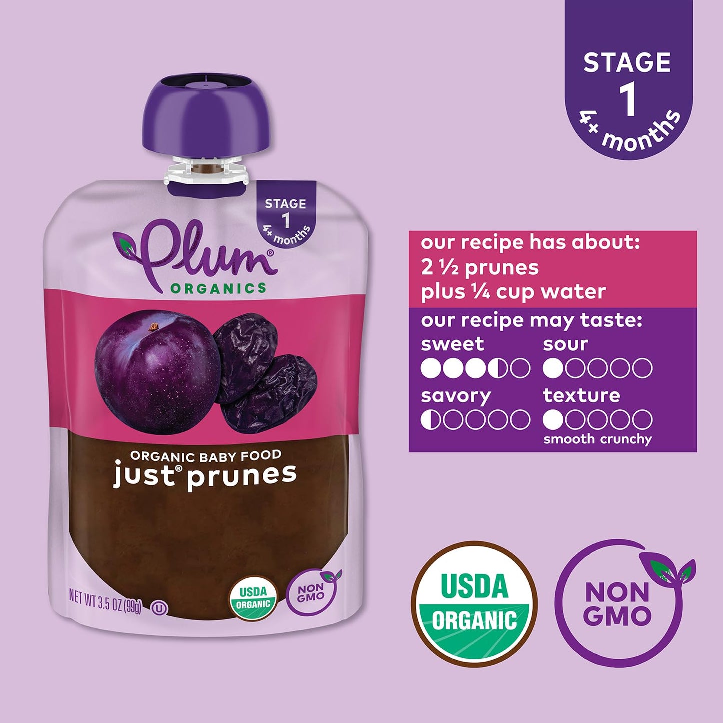 Plum Organics | Stage 1 | Organic Baby Food Meals [4+ Months] | Just Prunes | 3.5 Ounce Pouch (Pack Of 12) Packaging May Vary