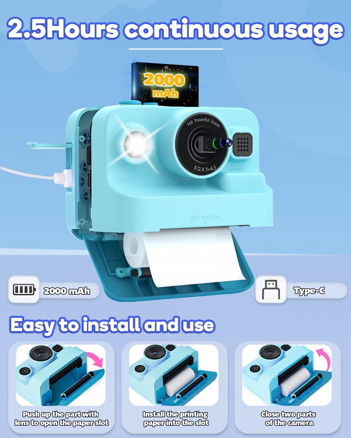 Dylanto Kids Camera Instant Print,1080P Kids Instant Cameras That Print Photos,Christmas Birthday Gifts for Girls Age 3-12,Portable Toy for 3 4 5 6 7 8 9 10 Year Old Girls Boys-Blue