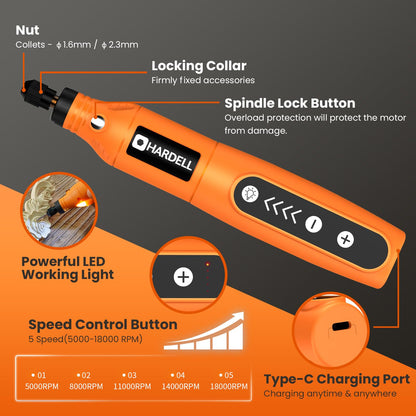 HARDELL Mini Cordless Rotary Tool Kit, 5-Speed and USB Charging with 61 Accessories, Multi-Purpose 3.7V Power Rotary Tool for Sanding, Polishing, Drilling, Etching, Engraving, DIY Crafts