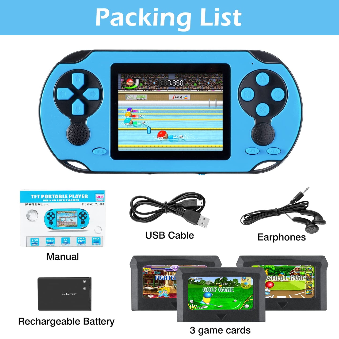 16 Bit Handheld Game Console for Kids Adults, 3.0'' Large Screen Preloaded 230 HD Classic Retro Video Games with USB Rechargeable Battery & 3 Game Cartridges for Birthday Gift for Kids 4-12