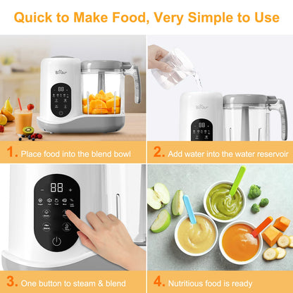 BEAR 2024 Baby Food Maker | One Step Baby Food Processor Steamer Puree Blender | Auto Cooking & Grinding | Baby Food Puree Maker with Self Cleans | Touch Screen Control, White