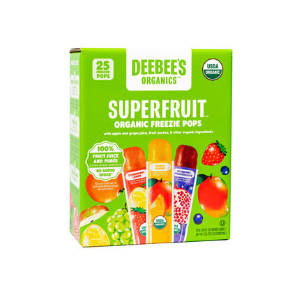 DeeBee's Organics Classic SuperFruit Freezie Pops, No Added Sugars, No Artificial Flavors or Colors Freezer Pops (Pack of 25)