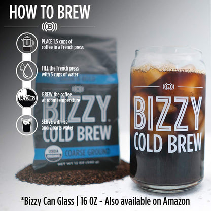 Bizzy Organic Cold Brew Coffee | Smooth & Sweet Blend | Coarse Ground Coffee | Micro Sifted | Specialty Grade | 100% Arabica | 1 LB