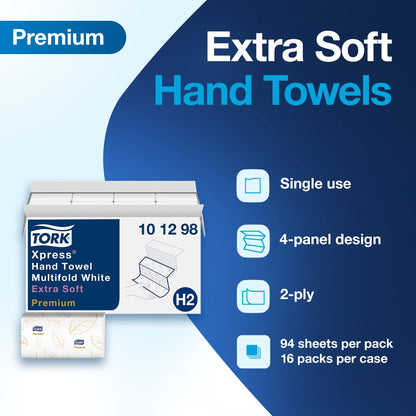 Tork Premium MB579 Soft Xpress Multifold Paper Hand Towel, 3-Panel, 2-Ply, 9.125" Width x 9.5" Length, White (Case of 16 Packs, 135 per Pack, 2.160 Towels)