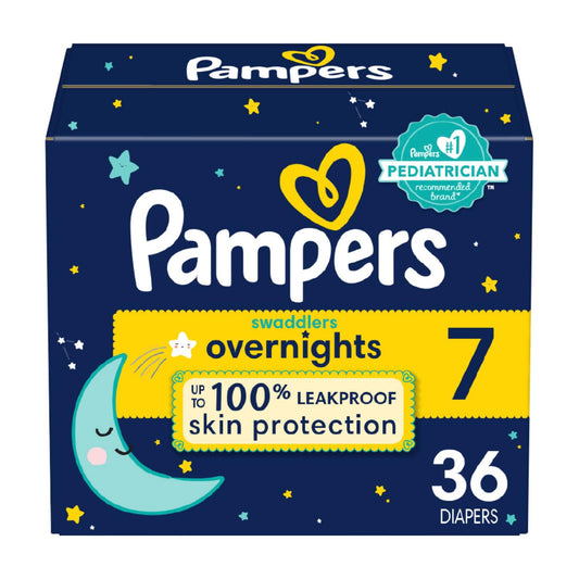 Pampers Swaddlers Overnights Diapers - Size 7, 36 Count, Disposable Baby Diapers, Night Time Skin Protection