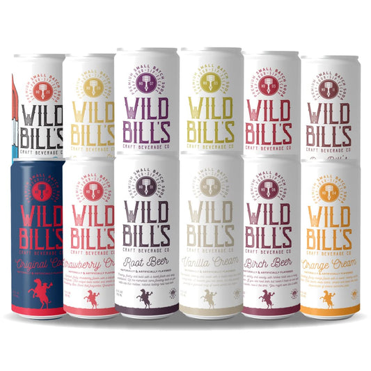 Wild Bill's 12-Flavor Soda Variety Sampler, Root Beer, Strawberry Cream, Cola, Black Cherry + MORE, Pure Cane Sugar, NO High Fructose Corn Syrup, Caffeine Free, Gluten Free, Vegan (12 oz, 12-Pack)