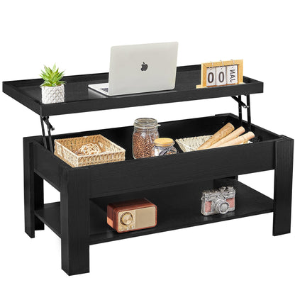 VECELO Lift Top Coffee Table with Storage Shelf and Hidden Compartment for Living Room/Office Reception, Black, Brown