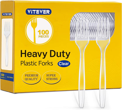 [100 Count] Clear Plastic Forks Heavy Duty, Premium Disposable Forks, Durable Plastic Cutlery for Parties, Picnics, Big Event, Daily Use - Heat Resistant & BPA Free