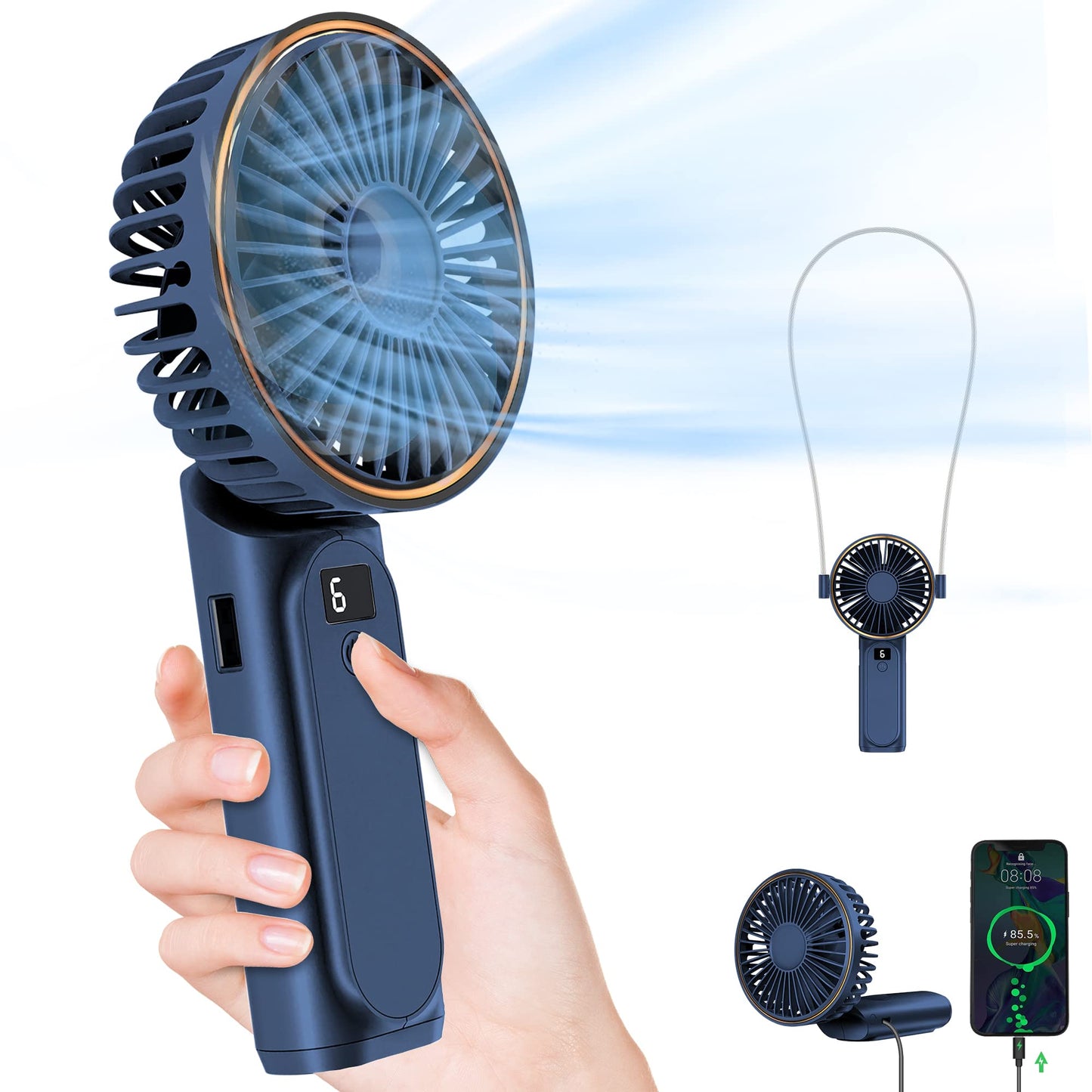 TUNISE Portable Handheld Fan, Portable Fan Rechargeable, 4000mAh, 180° Adjustable, 6 Speed Wind, Display Electricity in Real Time, USB Rechargeable Foldable Fan, Quiet Personal Fan as the Power Bank