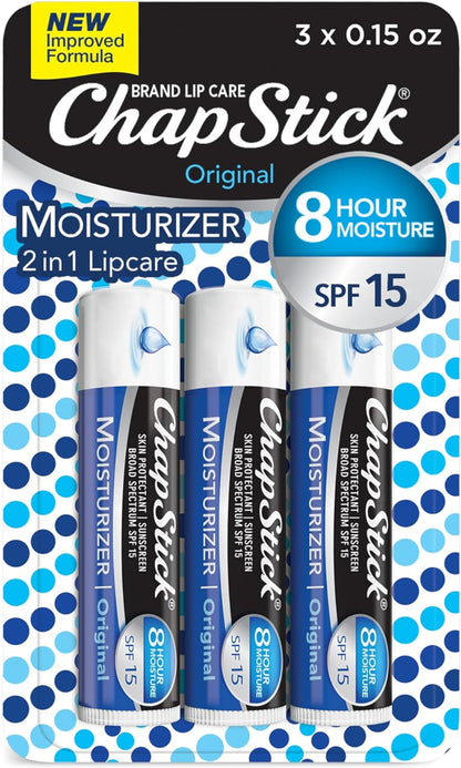 ChapStick Moisturizer Original Lip Balm Tubes, SPF 15 and Skin Protectant - 0.15 Oz, 3 Count (Pack of 1)