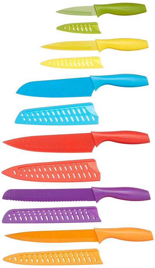 Amazon Basics Color-Coded Kitchen 12-Piece Knife Set, 6 Knives with 6 Blade Guards, Multicolor, 13.88 x 4.13 x 1.38 inch