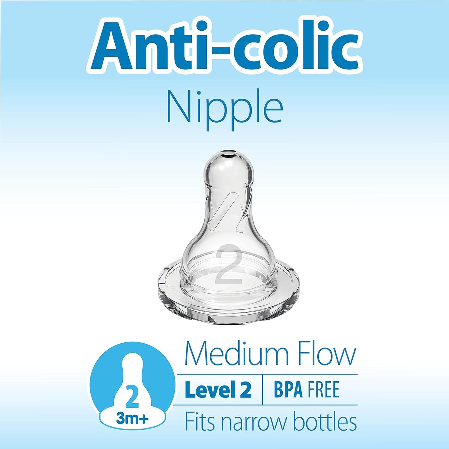 Dr. Brown’s Natural Flow Level 2 Narrow Baby Bottle Silicone Nipple, Medium Flow, 3m+, 100% Silicone Bottle Nipple, 6 Count