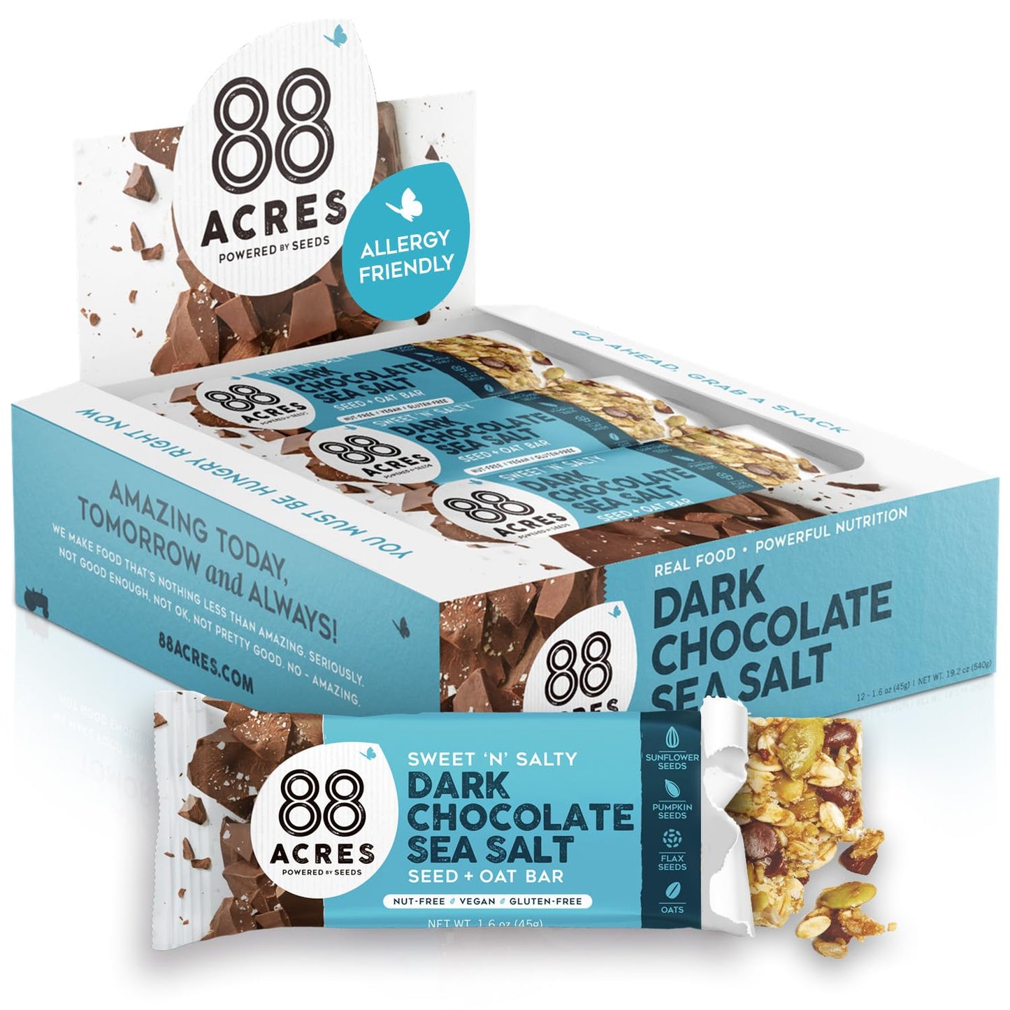 88 Acres Granola Bars | Dark Chocolate Sea Salt | Gluten Free, Nut-Free Oat and Seed Snack Bar | Vegan & Non GMO | 12 Pack