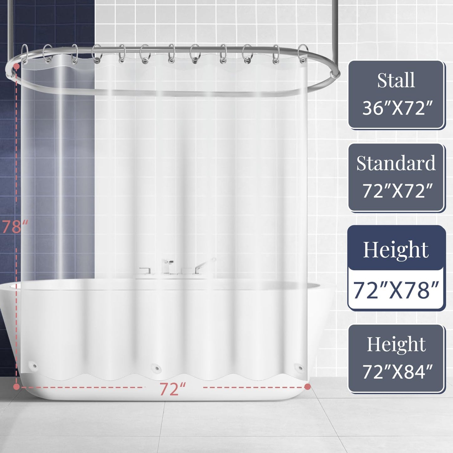 8G Heavy Duty Clear Shower Curtain Liner - 72" x 72" Weighted Shower Liner for Bathroom (8G Clear, 1PCS)