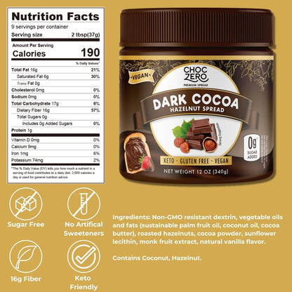 ChocZero Milk Chocolate Hazelnut Spread - Keto Friendly, No Sugar Added, Best Low Carb Dessert, Perfect Topping for Almond Flour Pancakes, Naturally Sweetened with Monk Fruit (1 jar, 12 oz)