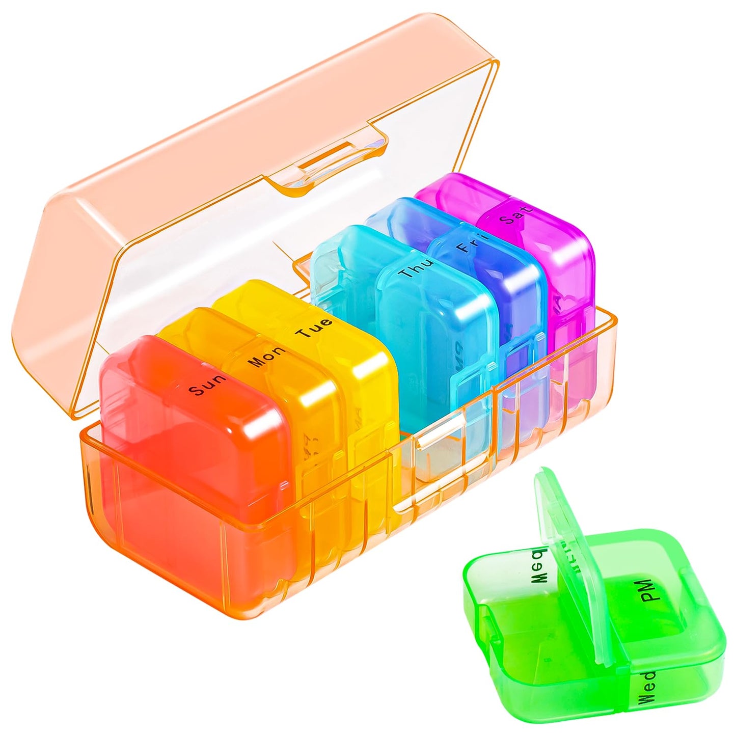 Zoksi Weekly Pill Organizer 2 Times a Day, Rainbow 7 Day Pill Box, Daily Am Pm Pill Organizer, Portable Case for Fish Oils, Vitamin, Supplement