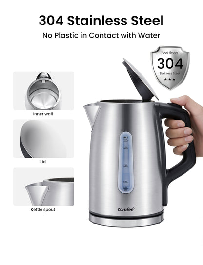 COMFEE' Stainless Steel Electric Kettle, 1.7 Liter Tea Kettle Electric & Hot Water Kettle, 1500W Fast Boil with LED Light, Auto Shut-Off and Boil-Dry Protection