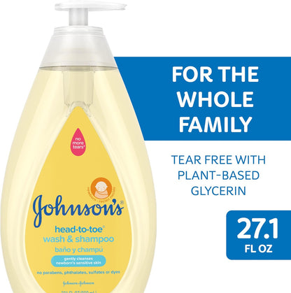 Johnson's Head-to-Toe Gentle Tear-Free Baby & Newborn Wash & Shampoo, Sulfate-, Paraben- Phthalate- & Dye-Free, Hypoallergenic Wash for Sensitive Skin & Hair, 27.1 fl. Oz