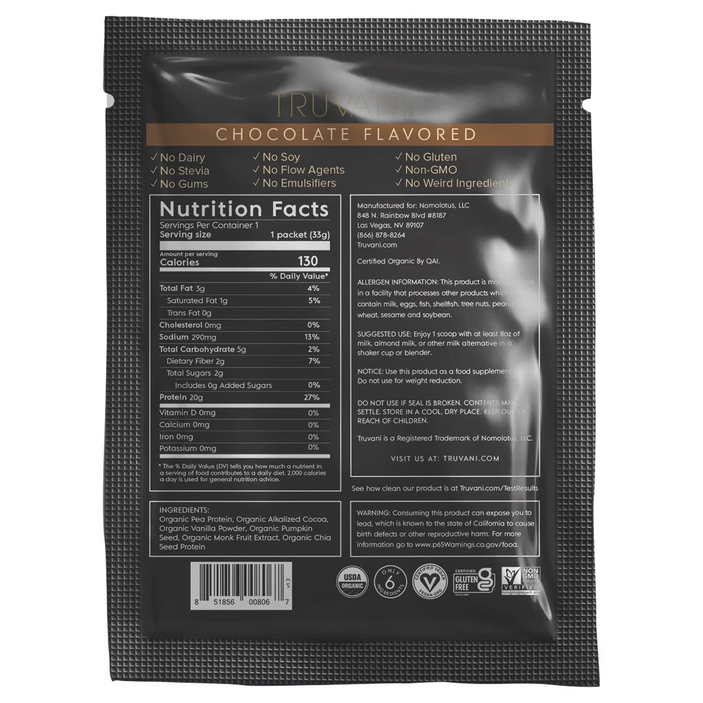 Truvani Vegan Pea Protein Powder | Banana Cinnamon | 20g Organic Plant Based Protein | 1 Serving | Keto | Gluten & Dairy Free | Low Carb | No Added Sugar