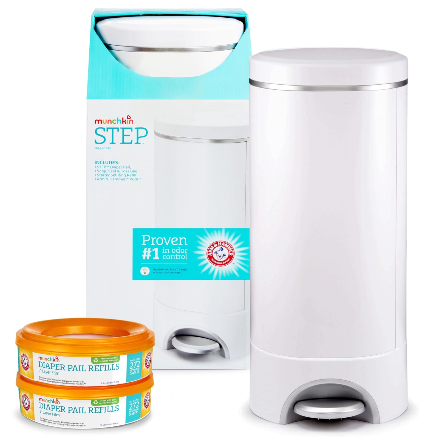 Munchkin® STEP™ Diaper Pail Powered by Arm & Hammer, #1 in Odor Control, Award-Winning, Includes 1 Snap, Seal & Toss™ Bag, 1 Starter Refill Ring, and 1 PUCK™ Baking Soda Cartridge