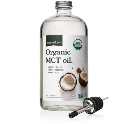 Natural Force 100% Virgin Coconut MCT Oil - 16oz Glass Bottle, Certified Keto, Paleo, Kosher, Vegan & Non-GMO