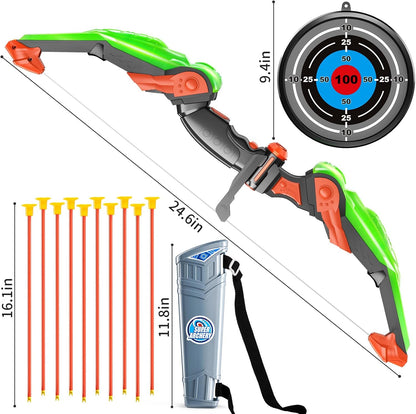 TEMI Kids Bow and Arrow Set - LED Light Up Archery Toy Set with 10 Suction Cup Arrows, Target & Quiver, Indoor and Outdoor Toys for Children Boys Girls