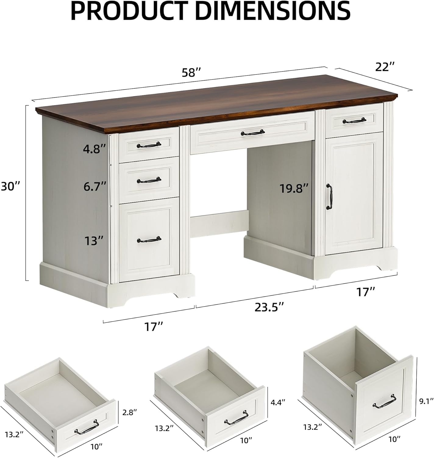 Spurgehom 58-Inch Executive Desk, Farmhouse Computer Desk with Drawers and Storage Cabinet, Wooden Home Office Desk Workstation, Study Writing Table, White&Brown