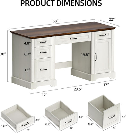 Spurgehom 58-Inch Executive Desk, Farmhouse Computer Desk with Drawers and Storage Cabinet, Wooden Home Office Desk Workstation, Study Writing Table, White&Brown