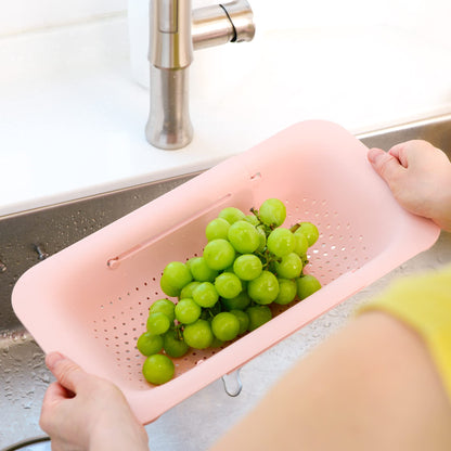 BLUE GINKGO Over the Sink Colander Strainer Basket - Wash Vegetables and Fruits, Drain Cooked Pasta and Dry Dishes - Extendable - New Home Kitchen Essentials (7.9 W x 14.5-19.5 L x 2.75 H) (Pink)