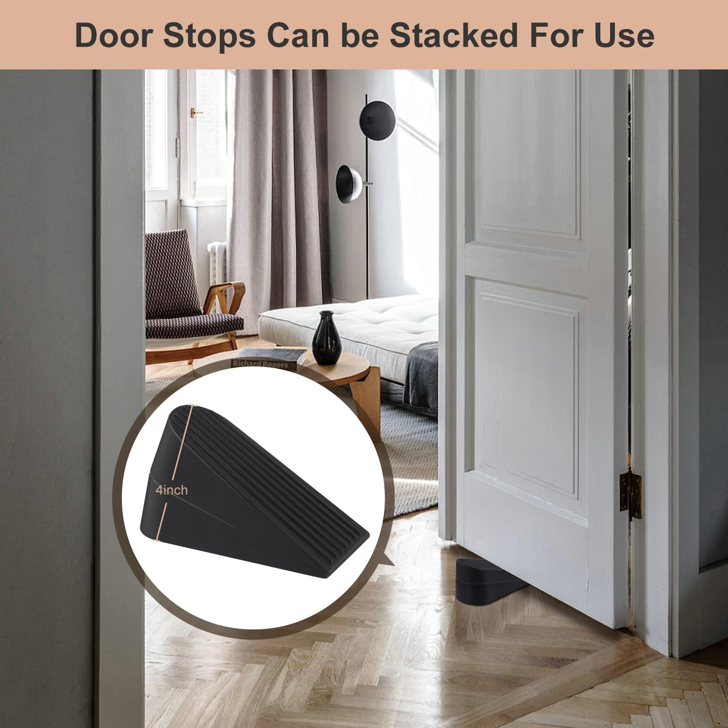 Door Stoppers for Bottom of Door on Floor, Premium Rubber Door Stopper Wedge, Floor Sturdy Stackable Door Stops for Carpet Heavy Duty Door, Door Gaps (Black, 2 Pack)